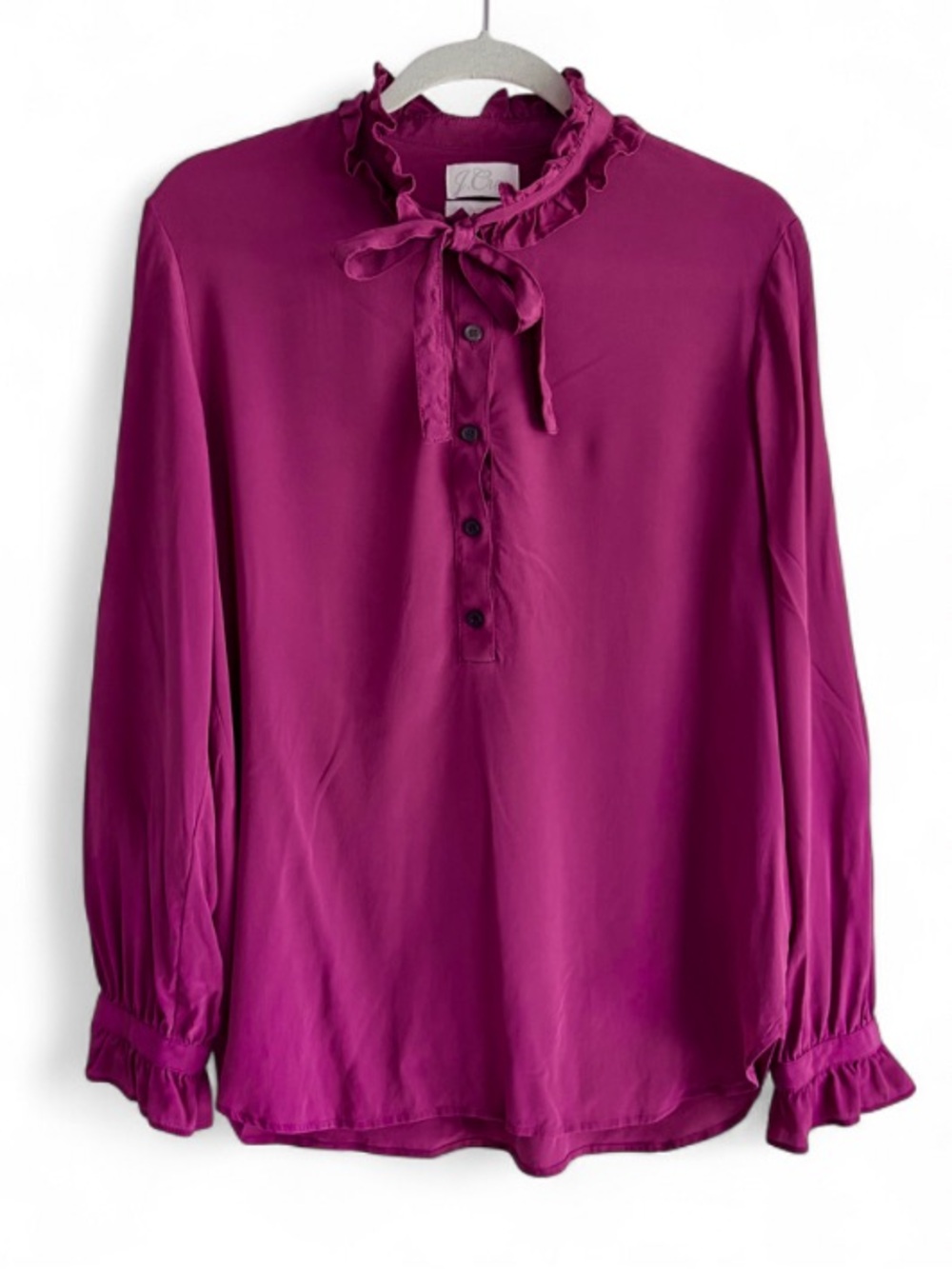 J. Crew 100% Silk Purple High Collar Ruffle Tie Neck Blouse Size 12